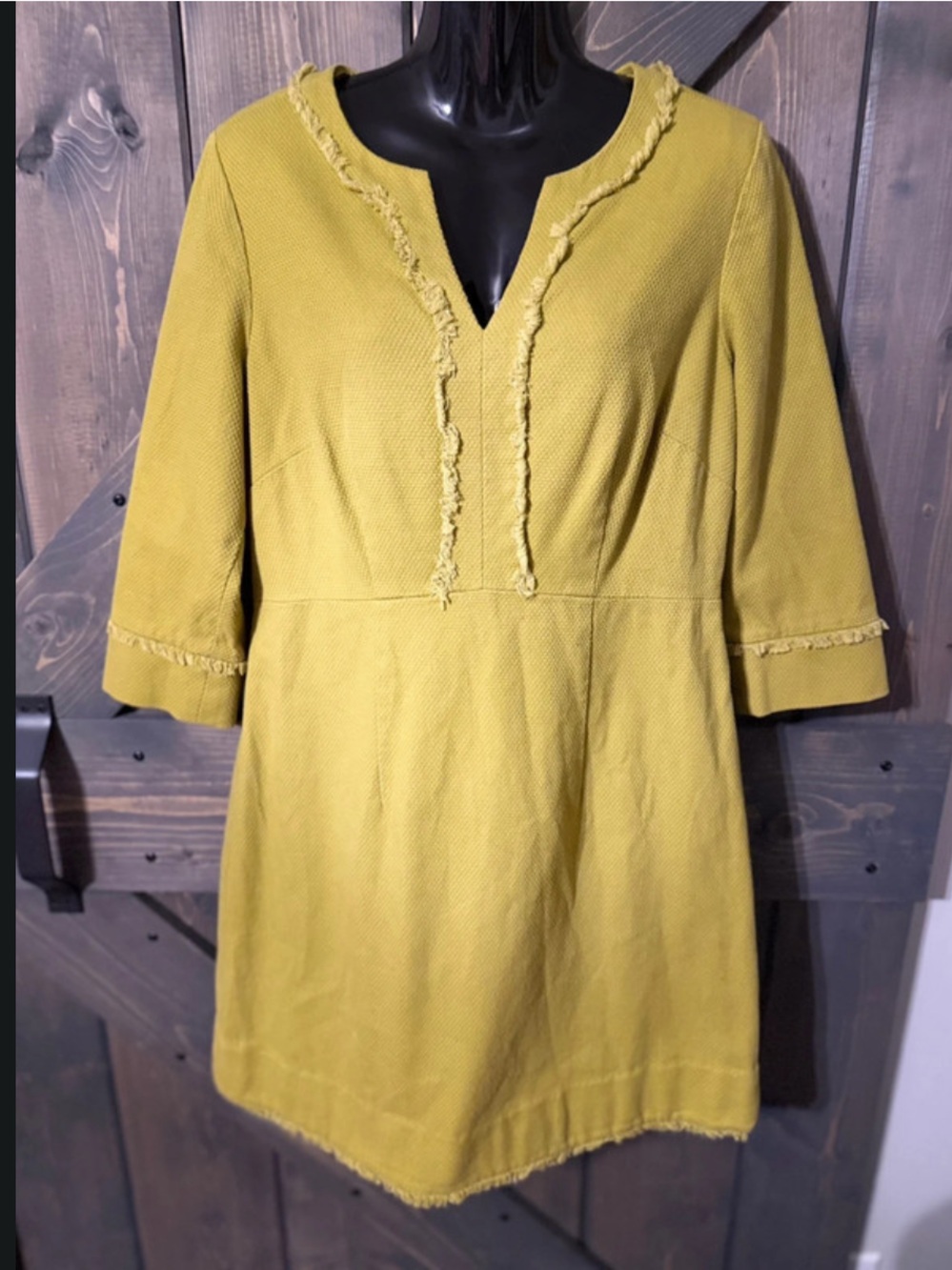 Boden Mustard Yellow Midi Dress with Frayed Trim